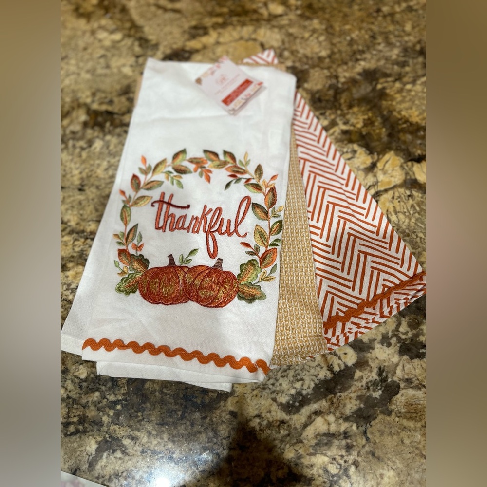 The Farnhouse Fall embroidered  Kitchen towel trio -THANKFUL, pumpkins  - NEW!